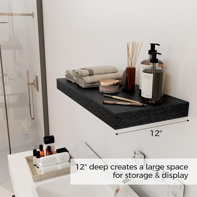 12 Inch Deep Black Floating Shelves, 24 x 12 Floating Shelf for Books, Rustic Wood Deep Wall Shelves for Home Storage & Display, 2" Thicked Shelves for Kitchen, Living Room, Bedroom, 1 Pack-HomvellaHome