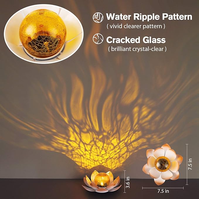 Garden Solar Lights Outdoor(2Pack) , Amber Crackle Globe Glass Lotus Decoration , Waterproof Orange Metal LED Flower Lights for Patio,Lawn,Walkway,Tabletop,Ground, Garden Gifts for Women-HomvellaHome