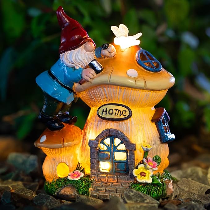 Garden Gnome Statues Figurine Lights - Solar Powered Lighting Outdoor Decorations, Gnome Build Mushroom Fairy House, Yard Art Lawn Ornaments for Porch Patio Balcony - Gnome Gifts for Women Mom-HomvellaHome