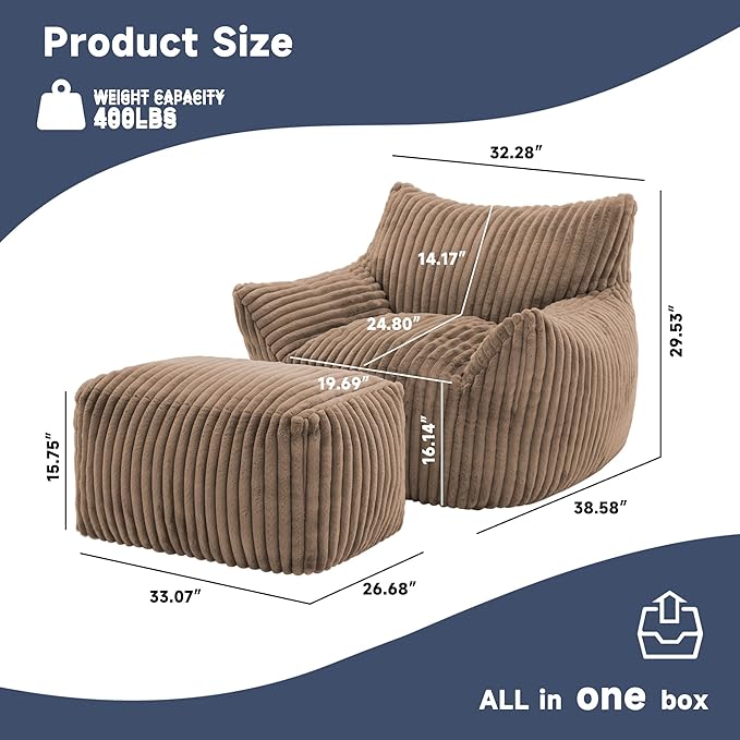 Giant Bean Bag Chairs for Adults, Oversized Chaise Lounge Chair Indoor with Memory Foam - Plush Boneless Lounger & Ottoman for Bedroom, Living Room, Gaming & Reading, Lazy Floor Sofa Chair, Khaki-HomvellaHome