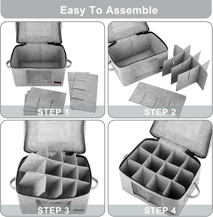 2 Pack Wine Glass Storage Box with Dividers, Stemware Storage Containers for Packing and Moving, China Storage Containers Box for 12 Crystal Glassware, Wine Glasses, Drinkware,Light Gray-HomvellaHome