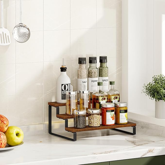Giikin 3-Tier Spice Rack, 13.8 Inch Wood Step Shelf Countertop Spice Storage Holder, Kitchen Pantry Cabinet Organizer Cupboard for Spice Bottles, Jars, Seasonings, Baking Supplies, Metal Frame-HomvellaHome