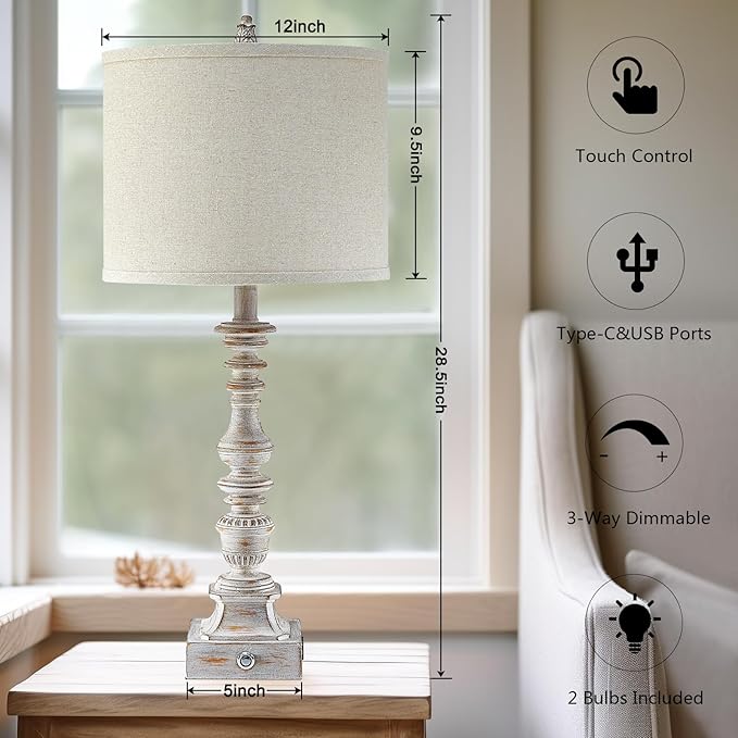 Farmhouse Table Lamps for Bedroom Set of 2 Vintage 3-Way Dimmable Touch Control Nightstand Lamps, Bedside Lamps for Living Room, Traditional Nightstand Lamp End Table lamps 28.5" (Bulbs Included)-HomvellaHome