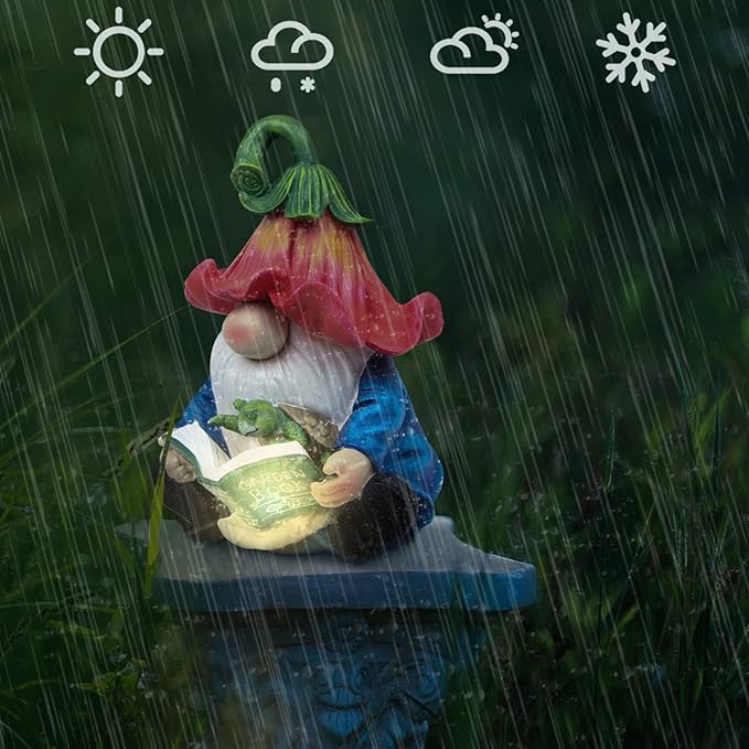 Garden Gnome Statue-Resin Gnome Figurine Hugging Turtle Reading Book with Solar LED Lights，Outdoor Summer Decorations for Patio Yard Lawn Porch,Garden Ornament Gift-HomvellaHome