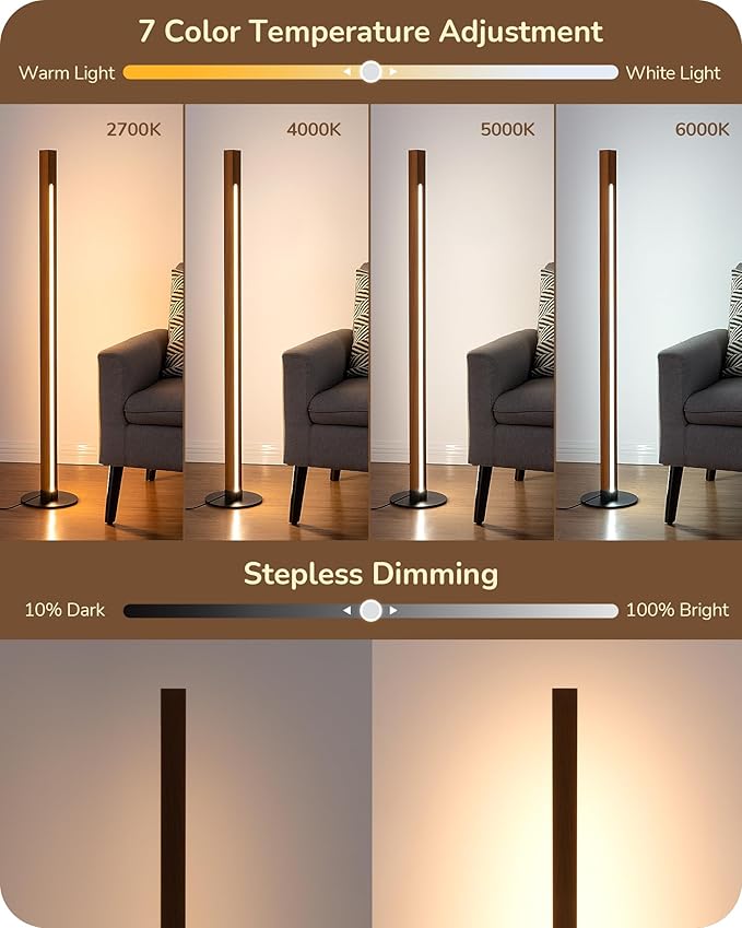 EDISHINE Wood Floor Lamp, Upgraded Dual-Sided Lighting, Minimalist Floor Lamps for Living Room, Corner Floor Lamp with Remote/Foot Control, 7CCT & Dimmable Corner Lamp for Bedroom, Office, Walnut Wood-HomvellaHome