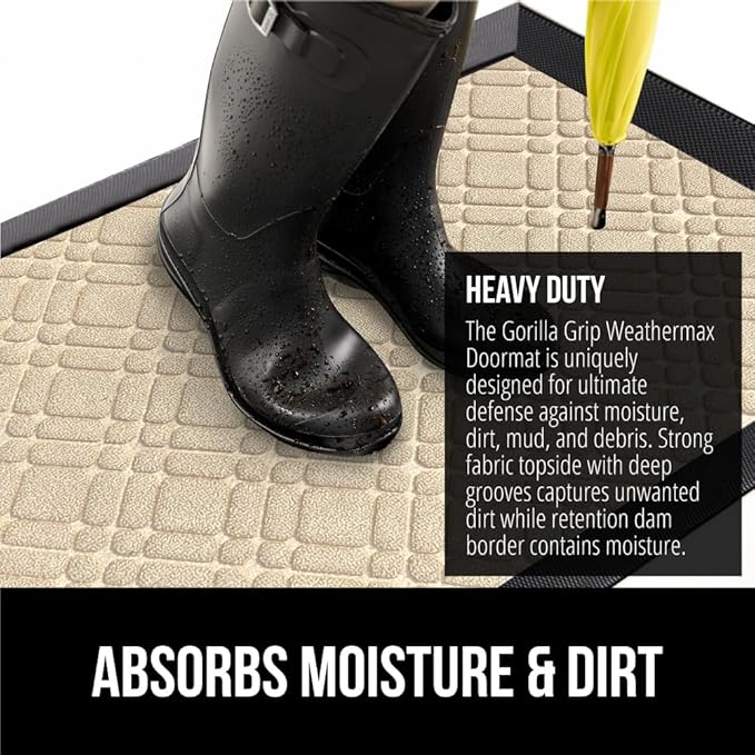 GORILLA GRIP 100% Waterproof All-Season WeatherMax Doormat, 47x35, US Designed Natural Rubber, Stain and Fade Resistant, Low Profile Indoor Outdoor Door Mats, Easy Clean Patio Mat, Modern Latte-HomvellaHome