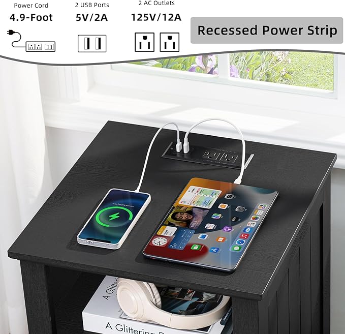 18" Night Stands Set of 2 with Charging Station, Farmhouse 2 Drawers End Table Dresser for Bedroom, Black Wooden Nightstand, Bed Side Table with Open Shelf, Bedside Cabinet for Living Room-HomvellaHome