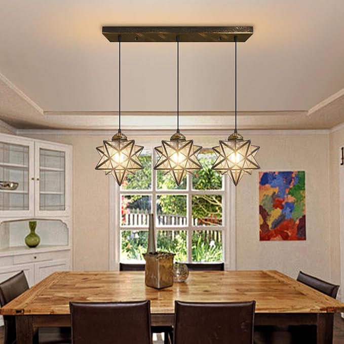 Glam Chandelier 3 Lights Glass Star Pendant Lights for Dining Table Kitchen Island Modern Ceiling Hanging Lights Included LED Warm Light Bulbs Oiled Bronze-HomvellaHome