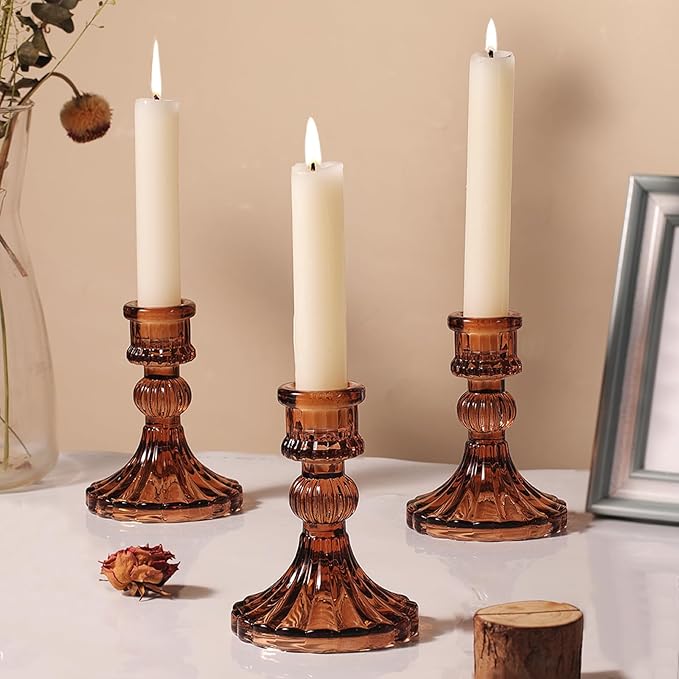 12PCS Amber Candlestick Holders Set- 4" H Taper Candle Holders, Glass Candle Holders Bulk for Wedding, Party, Fall Home Table Centerpieces, Festival Gifts & Windowsill Decor-HomvellaHome