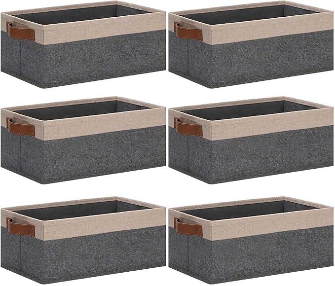 GhvyenntteS Small Fabric Storage Bins 6 Pack, 11.8" x 7.87" x 5.11" Storage Basket with Leather Handles, Closet Storage Bins for Shelves, Storage Baskets for Shelves, DVD Storage (Grey/Beige Yellow)-HomvellaHome