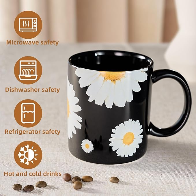 12Oz Daisy floral Black Ceramic Mug, Mug for Daily Coffee and Tea, Lead-free Microwave and Dishwasher Safe Coffee Mug, Perfect gifts for Women and men-HomvellaHome