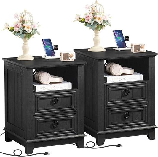 18" Night Stands Set of 2 with Charging Station, Farmhouse 2 Drawers End Table Dresser for Bedroom, Black Wooden Nightstand, Bed Side Table with Open Shelf, Bedside Cabinet for Living Room-HomvellaHome