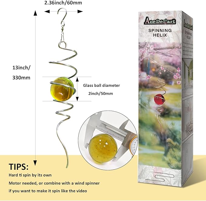 Gazing Ball Spiral Decorative Tail Wind Spinner Sun Catcher 11inch Tail and 2 inch Glass Orb. Wind Spinner Stabilizer Indoor Outdoor Garden Decoration -13 inch Height(Gold)-HomvellaHome
