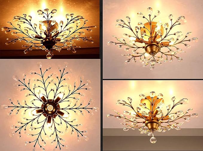 Ganeed Crystal Chandeliers,Vintage K9 Clear LED Ceiling Lighting,Edison Pendant Light Flush Mounted Fixture with 5 Light for Living Room Dinning Room Restaurant Porch Hallway (Gold)-HomvellaHome