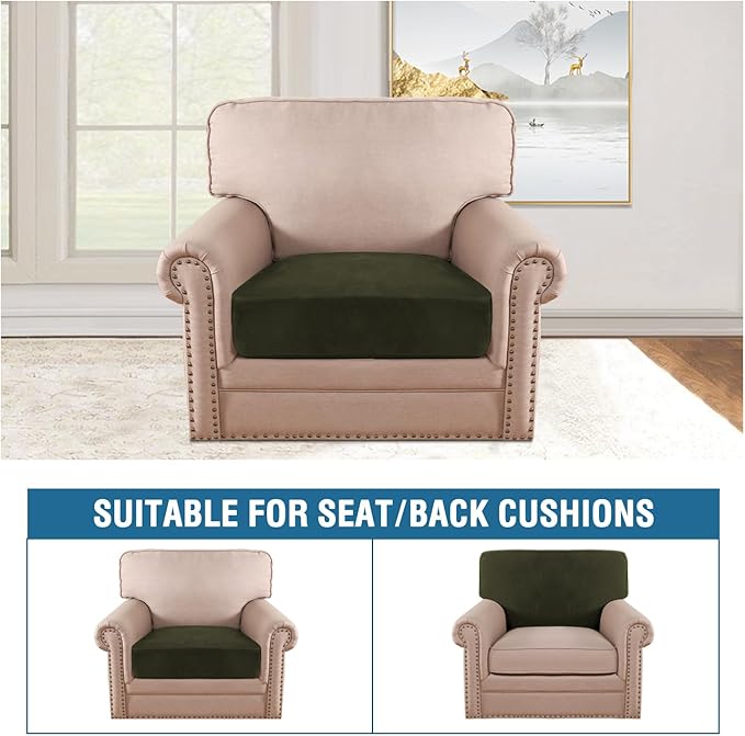 H.VERSAILTEX Velvet Stretch Couch Cushion Cover Plush Cushion Slipcover for Chair Cushion Furniture Protector Seat Cushion Sofa Cover (1 Piece Armchair Cushion Covers, Olive)-HomvellaHome