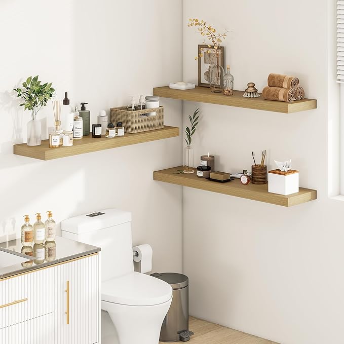 12 Inch Deep Floating Shelves 36 inch Long, 36 x 12 Wide Wall Shelves with Invisible Brackets, Heavy Duty Shelf for Bedroom Bathroom Living Room Kitchen Office Home Decor, Modern Shelf Set of 2, Oak-HomvellaHome