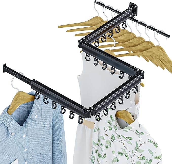 Gezen Clothes Drying Rack, Wall Mounted Drying Rack Clothing Retractable, Foldable Clothes Hanger Rack with 24 Hooks for Laundry Room Organization and Storage, Space Saving, Collapsible, Quad-Fold-HomvellaHome