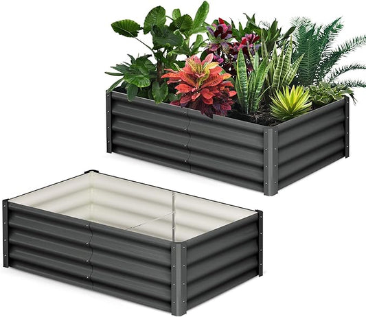 Galvanized Raised Garden Bed Outdoor, 2 Pcs 6x3x1FT Outdoor Large Planter Raised Beds Open Base with Safety Edge and Glove for Vegetables Flowers Ground Planter, Dark Gray-HomvellaHome