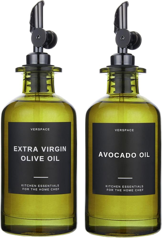 Green Glass Olive Oil Dispenser Bottle For Kitchen By Verpsace,Avocado Oil Dispenser Set, Modern Decor, Gold Kitchen Accessories for Home, Airbnb, Cafe (Black, Set of 2)-HomvellaHome