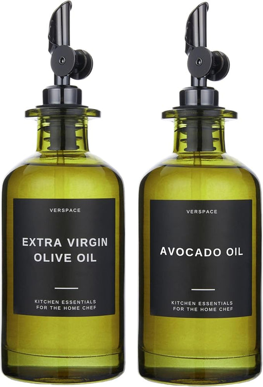 Green Glass Olive Oil Dispenser Bottle For Kitchen By Verpsace,Avocado Oil Dispenser Set, Modern Decor, Gold Kitchen Accessories for Home, Airbnb, Cafe (Black, Set of 2)-HomvellaHome