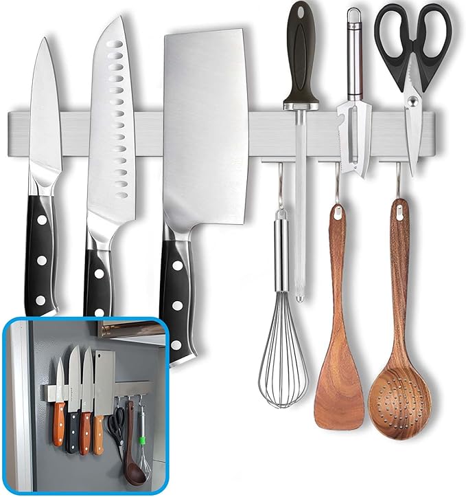 14 Inch Magnetic Knife Holder for Refrigerator - Knife Magnetic Strip for Fridge with Magnetic Hooks - Double Sided Magnetic Knife Bar - Stainless Steel Kitchen Magnetic Knife Hanger Rack-HomvellaHome