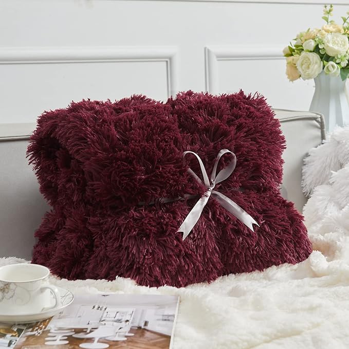 GONAAP Fuzzy Faux Fur Throw Blanket Twin Size Wine Red Super Soft Cozy Plush Fuzzy Shaggy Blanket for Couch Sofa Bed (Wine Red, Twin(60"x80"))-HomvellaHome