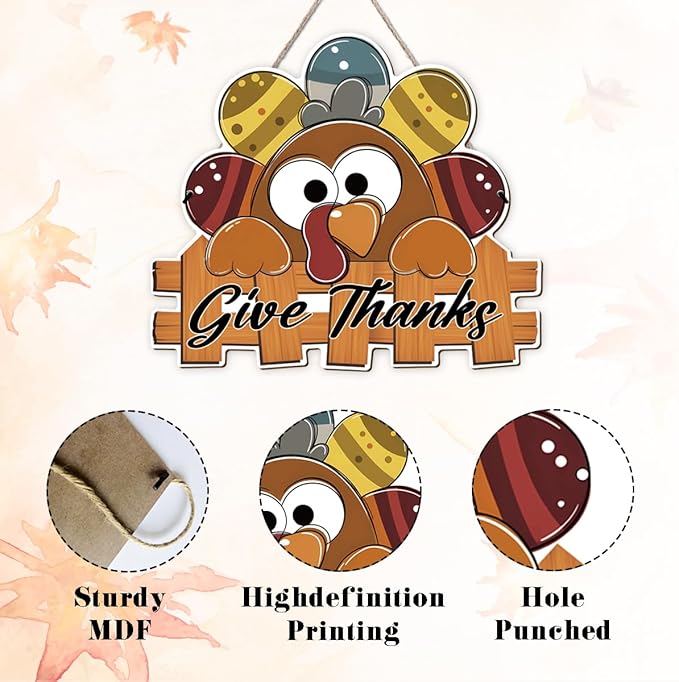 Give Thanks Sign Turkey Front Door Decor Thanksgiving Day Wood Door Hanger, Fall Wooden Thankful Wreath Hanging Decoration for Outdoor Outside Porch, Housewarming Gift-HomvellaHome