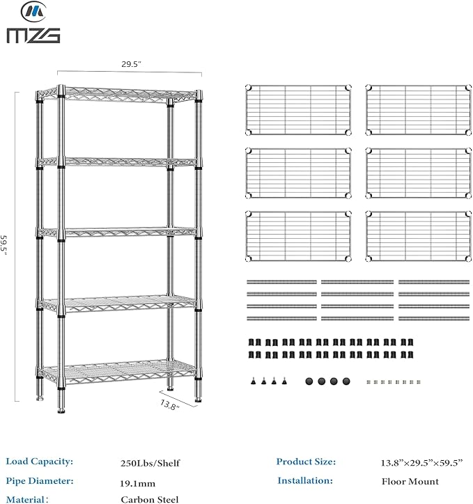 1250 lbs 5 Tier Shelf Metal Storage Shelves Shelving Wire Rack Heavy Duty Closet Organizers for Garage Kitchen Bathroom Laundry Chrome 13.8" D x 29.5" W x 59.5" H-HomvellaHome
