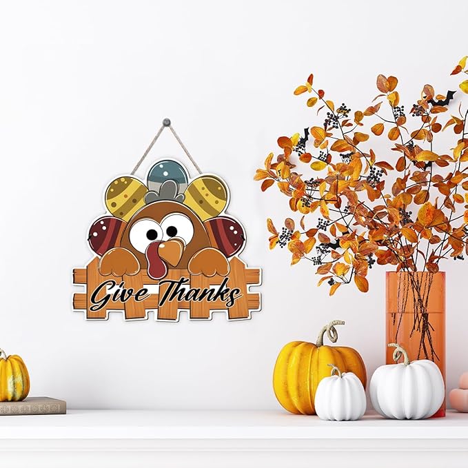 Give Thanks Sign Turkey Front Door Decor Thanksgiving Day Wood Door Hanger, Fall Wooden Thankful Wreath Hanging Decoration for Outdoor Outside Porch, Housewarming Gift-HomvellaHome