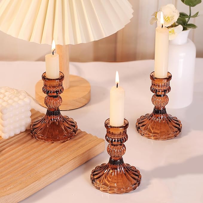 12PCS Amber Candlestick Holders Set- 4" H Taper Candle Holders, Glass Candle Holders Bulk for Wedding, Party, Fall Home Table Centerpieces, Festival Gifts & Windowsill Decor-HomvellaHome