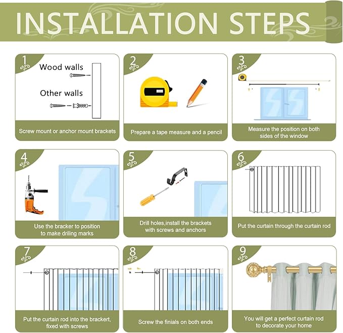 Gold Adjustable Curtain Rods for Windows:Farmhouse Heavy Duty Curtain Rod for Bedroom Living Room,Boho Decorative Rustic Drapery Rod with Vintage Coastal Texture Finial,Brass Gold 2Pack 18-45"-HomvellaHome