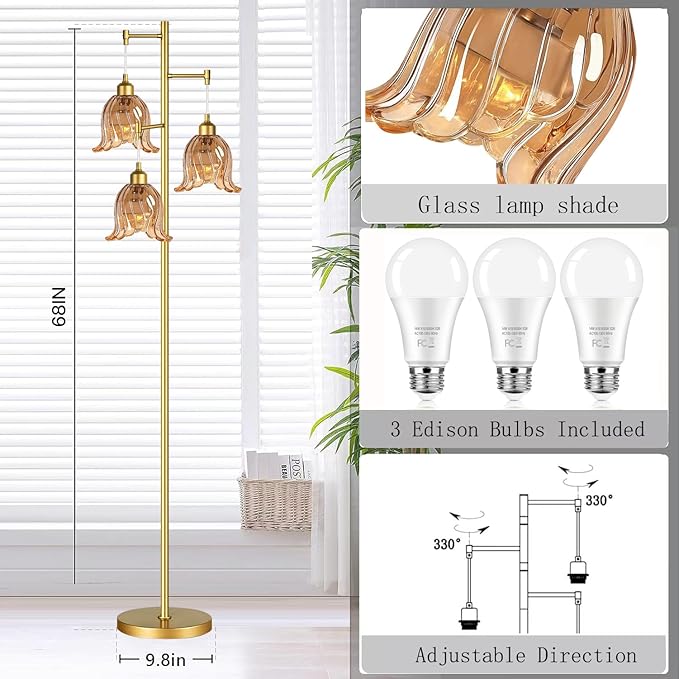 Gold Floor Lamp for Living Room,Bedroom,Tree 3 Light Standing Lamp Mid Century Modern Brass Tall Floor Lamps Vintage Retro Floor Lights Glass Flower Amber Lamp Shade Farmhouse Boho Bohemian-HomvellaHome