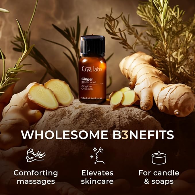 Gya Labs Ginger Essential Oil - 0.34 Fl Oz - Ginger Oil for Massage, Diffuser, Hair, Skin, Body & Candle Making Scent-HomvellaHome