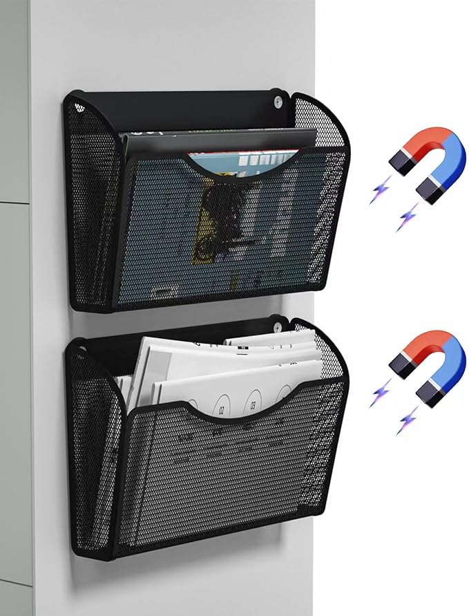 2 Pack 1-Tier Magnetic File Holder - No Drilling Installation File Organizer, Large Capacity Magnetic File Holder for Refrigerator, File Cabinets, Whiteboard, Office, Kitchen-HomvellaHome