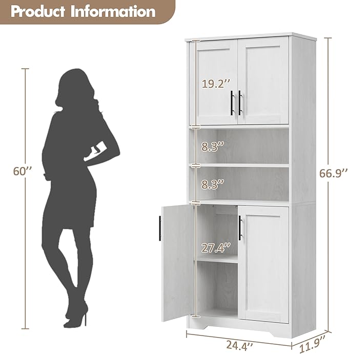GarveeHome 67" Tall Storage Cabinet, Tall Bathroom Cabinet with 4 Doors and Adjustable Shelves, Freestanding Kitchen Pantry Cabinets, Cupboard for Living Room, Dining Room, Antique White-HomvellaHome