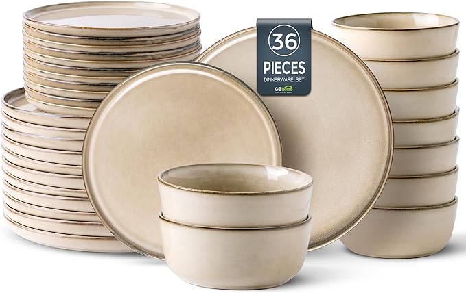 GBHOME Ceramic Dinnerware Sets for 12, 36 Pieces Stoneware Plates and Bowls Sets, Reactive Glaze Dishes -Scratch Resistant, Dishwasher&Microwave Safe-HomvellaHome