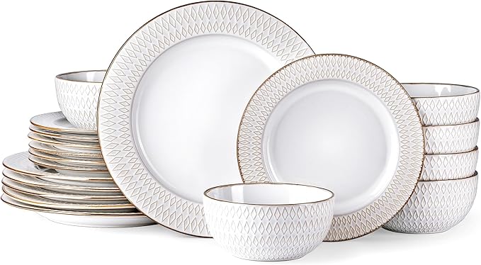 GBHOME Ceramic Dinnerware Sets,18 pcs Embossed Elegant Stoneware Plates and Bowls Sets, Housewarming Wedding Gift | Dishwasher & Microwave Safe | Dishes Set Service for 6-HomvellaHome