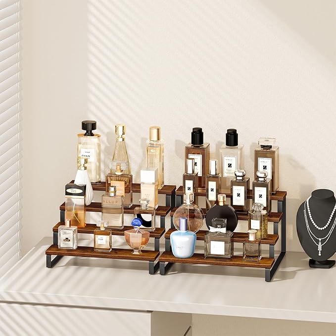 Giikin 4 Tier Spice Rack, Set of 2 Wooden Spice Rack for Countertop, Kitchen Counter Storage Shelves Cupcake Stand Holder Display Stand, Rustic Brown-HomvellaHome