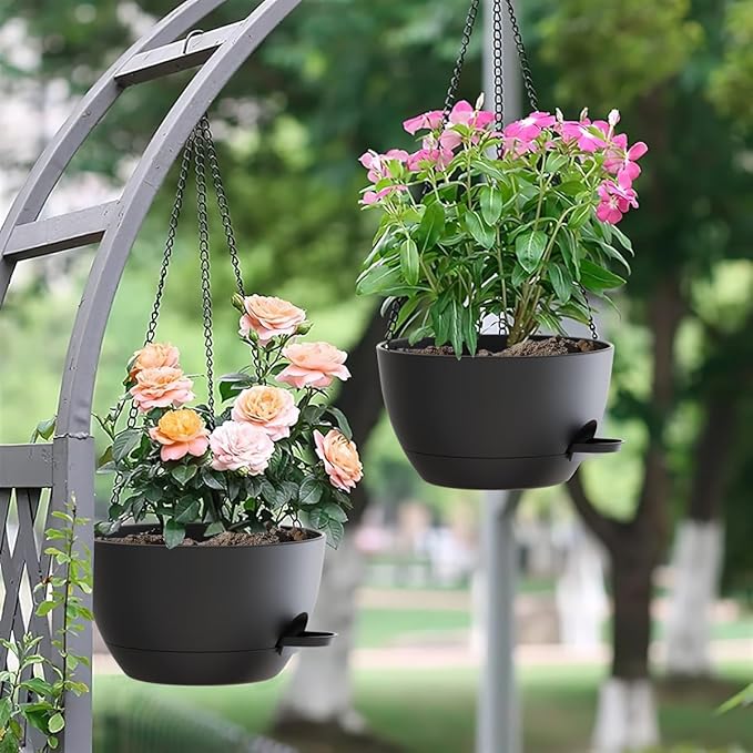 12 Inch Hanging Baskets 2 PC with Chains, Self-Watering Hanging Planters for Indoor Outdoor Plants, Plastic Hanging Flower Pots,Black-HomvellaHome