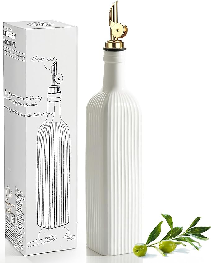 getstar 18 oz Olive Oil Dispenser Bottle for Kitchen, Ceramic Oil Bottle with Automatic Stainless Steel Pourer (Golden Pourer)-HomvellaHome