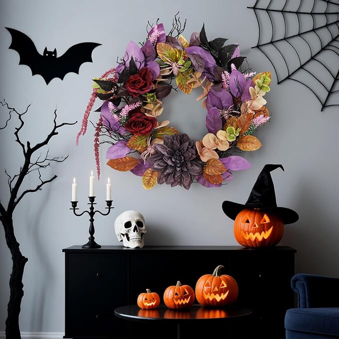 GarveeHome 18 Inch Halloween Wreath, Halloween Garland with Artificial Roses & Spiders, Indoor Outdoor Holiday Accent Decoration for Front Door Porch Wall Home Party Window, Red & Purple-HomvellaHome