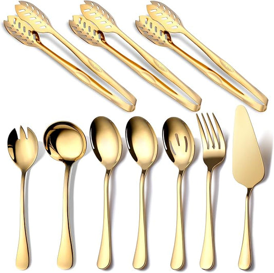 Gold Serving Utensils, OGORI 10-Piece Polished Stainless Steel Gold Serving Utensils Set Include Serving Spoons, Slotted Serving Spoon, Serving Tongs, Serving Fork, Salad Fork, Soup Ladle, Pie Server-HomvellaHome
