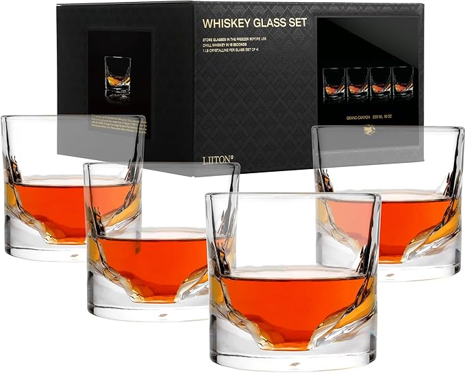 Grand Canyon Heavy Crystal Whiskey Glasses Gift Set of 4, Thick Freezable Bourbon Glass 1lb Each, Premium Whiskey Gifts for Men, Frozen Crystal Chills Cocktails, 10 oz-HomvellaHome