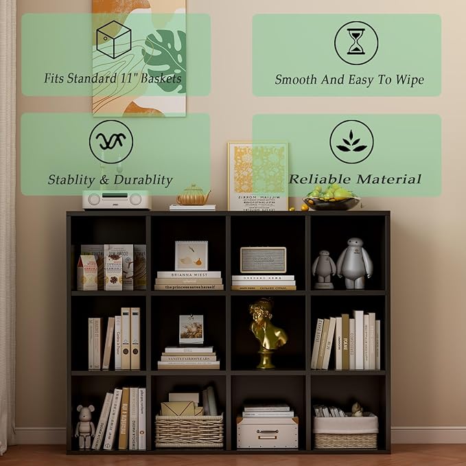 12-Cube Storage Shelf Bookcase - Wooden 3-Tier Floor Standing Open Bookshelf for Home and Office, Display Cabinet, Black-HomvellaHome