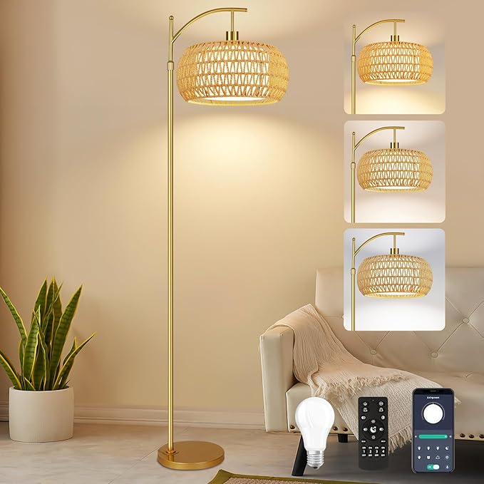 Gold Floor Lamps for Living Room Rattan Boho Floor Lamp with Remote Control,Dimmable Arc Floor Lamp Wicker LampShades Brass Standing Lamp with 3 Color Temperature Tall Floor Lamps For Bedroom Corner-HomvellaHome