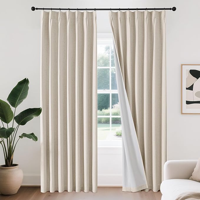 Joydeco Pinch Pleated Linen Curtains Darkening Drapes for Bedroom, 100% Blackout Drapes 96 inches Long 2 Panels Heat Blocking Curtains(Ecru,40'' Wx96'' L)-HomvellaHome