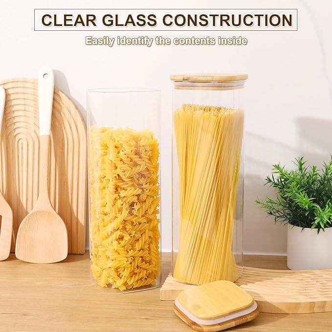 Glass Food Storage Jars with Lids(76oz)Square Set of 3 ,Glass Storage Containers Clear Glass Food Canister with Bamboo Lid Airtight For Serving Tea, Coffee Beans, Flour,Cookie, Cereal,Spice and More-HomvellaHome