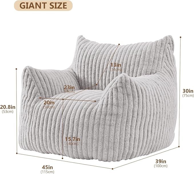 Giant Bean Bag Chairs for Adults Teens, Large Bean Bag Sofa Chairs with Filling Comfy Fuzzy BeanBag Chair with Armrests for Bedroom Living Room Reading (Light Gray, Large)-HomvellaHome