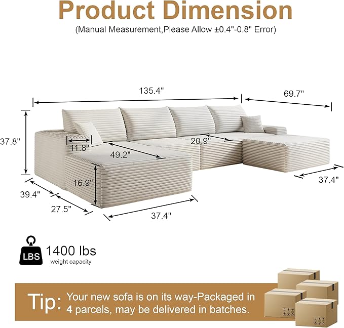 136" Sectional Couches for Living Room Modern Modular Sofa with L-Shape Couchs Upholstered Boneless Couch Deep Seat Sectional Couch with Chaise (White, Left Facing Chaise+3Seaters+Ottoman)-HomvellaHome