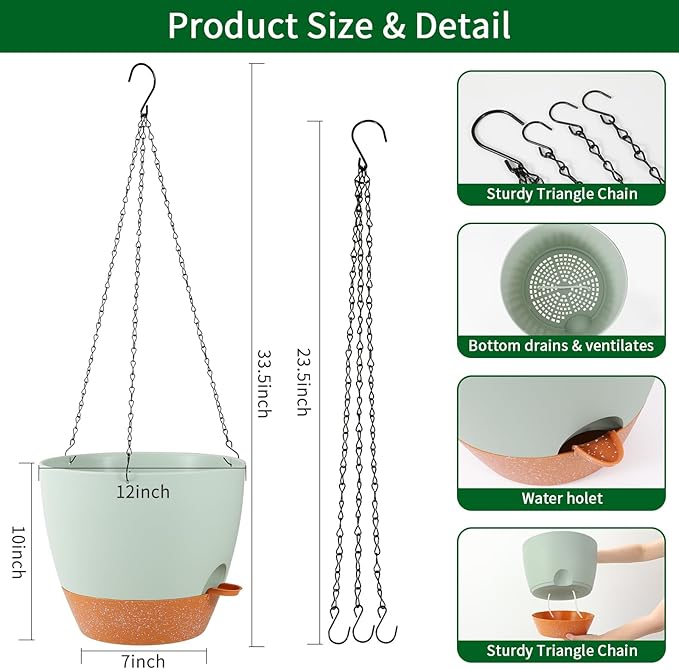 GARDIFE Large Hanging Planter, 12 inch Hanging planters for Indoor. Outdoor Plants, Self Watering Plant Pot, Plant Hanger, Green-HomvellaHome